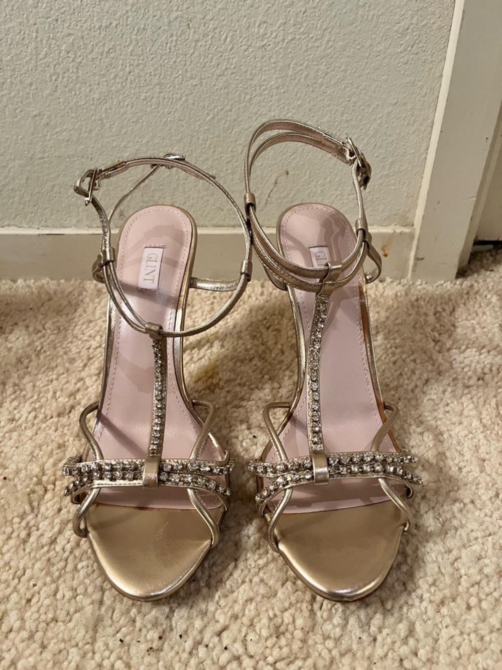 Glint Metallic Gold Crystal T-Strap Heeled Sandals